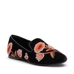 Birdies Starling Flat in Night Flora Velvet Embroidered Floral Flats in Black